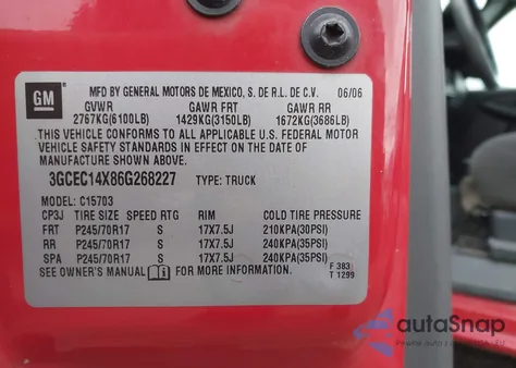 2006 Chevrolet Silverado 1500 Work Truck из США, поврежденный, VIN 3GCEC14X86G268227